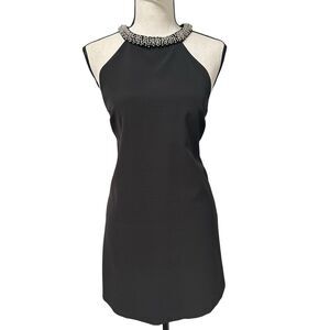 LuLu’s Black Embellished Halter Mini Dress L Rhinestone Neck Cocktail